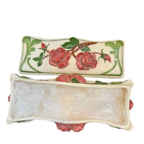 Hand-Painted Ceramic Jewelry Trinket Box With Pink Roses & Green Vines Design - Picture 12 of 12